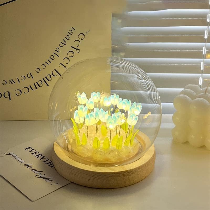 Luz nocturna de tulipán DIY, decoración de muebles hecha a mano, 13 flores, flores de simulación azul, lámpara de mesa para dormir, ornamento de