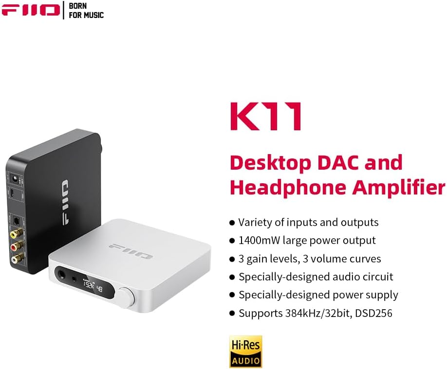 FiiO K11 DAC y amplificador de auriculares para audio doméstico o PC, 0.250 in y equilibrado 0.173 in, RCA, coaxial, óptico, 1400 mW, 384 kHz24 bits