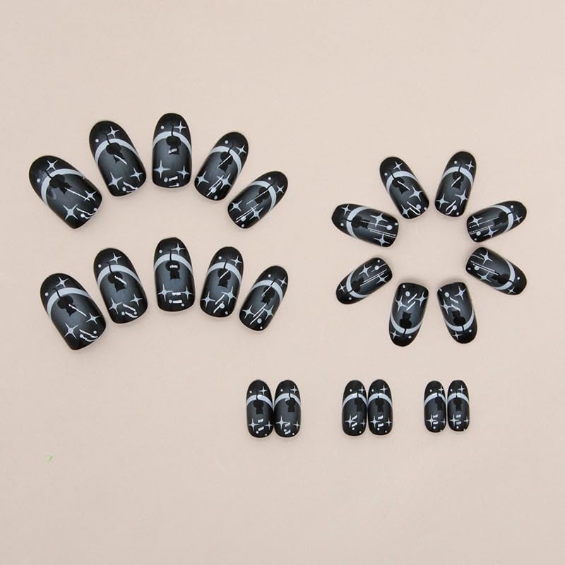 Uñas postizas a presión con diseño de Halloween, uñas postizas ovaladas cortas con diseño de estrella de gato negro, cobertura completa, Y2K, uñas