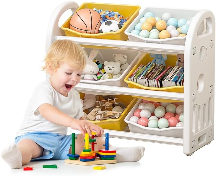 Estante organizador de almacenamiento de juguetes, estante para libros para niños con 6 contenedores, gabinete de organización de sala de juegos,