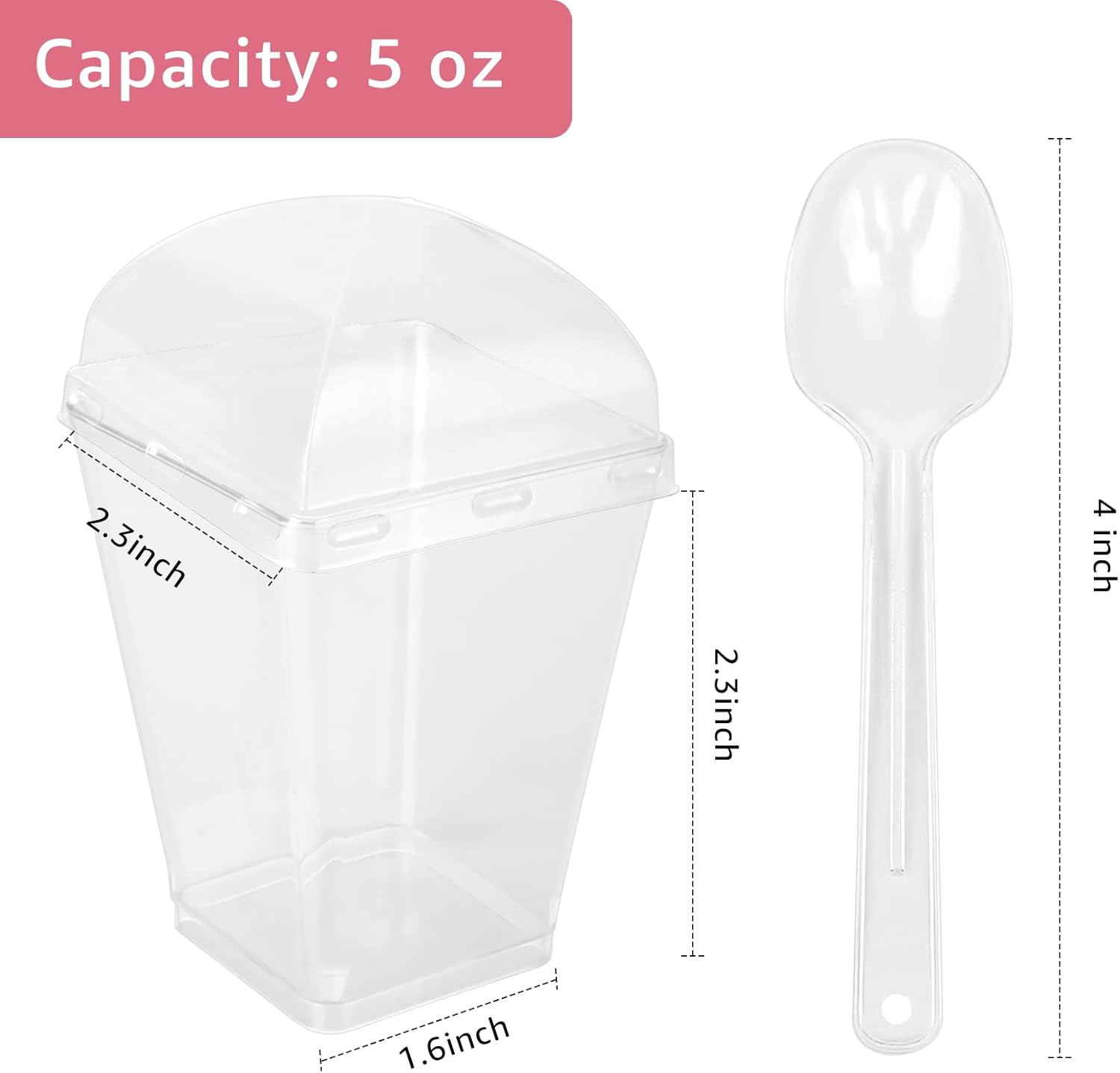 LISHINE Paquete de 100 tazas de postre de plástico de 5 onzas con tapas y cucharas, tazas de yogur para parfait con tapas, tazas desechables para