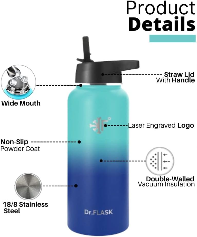 Botella de agua deportiva de 32 oz, 3 tapas (tapa con pajilla), a prueba de fugas de acero inoxidable con aislamiento al vacío, doble pared, taza