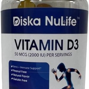 Diska Nulife Gomitas de vitamina D3 (2000UI) de 60 unidades de máxima fuerza, salud ósea, articular, muscular, apoyo inmunológico para hombres y Diska Nulife Gomitas de vitamina D3 (2000UI) de 60 unidades de máxima fuerza, salud ósea, articular, muscular, apoyo inmunológico para hombres y