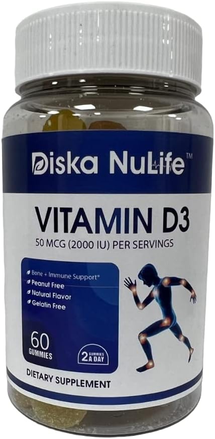 Diska Nulife Gomitas de vitamina D3 (2000UI) de 60 unidades de máxima fuerza, salud ósea, articular, muscular, apoyo inmunológico para hombres y