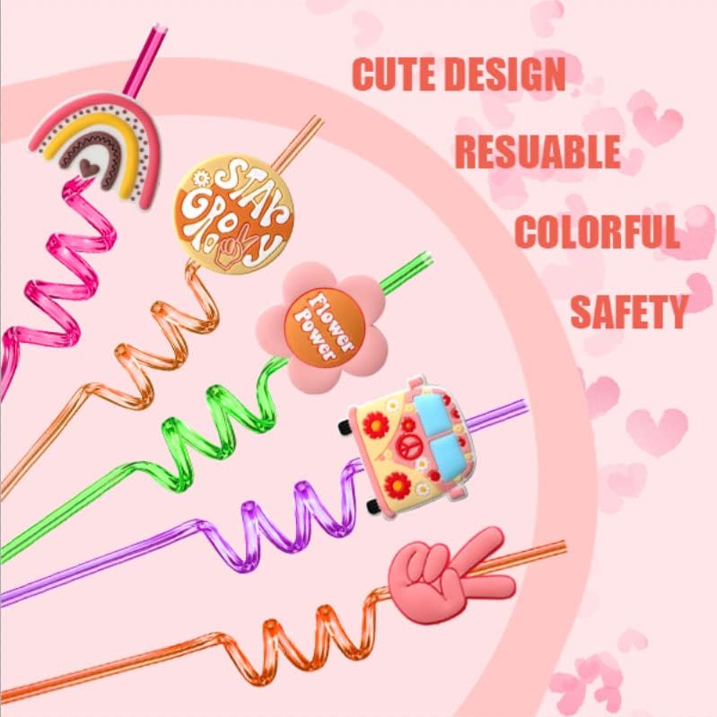 60’s Hippie Boho Party Favors Two Groovy Straws Reusable Plastic Drinking Straws 8 Designs 24pcs, Boho Rainbow Birthday Party Favor Kids with 2