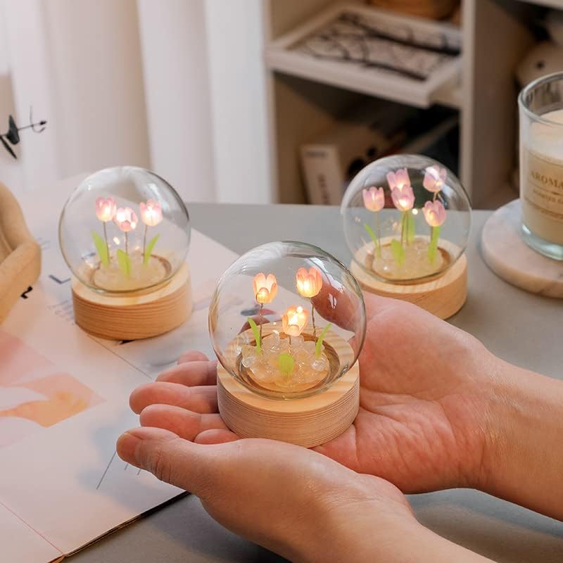 Luz nocturna estética de flores, bonita lámpara de noche de tulipanes para niños y adultos, cama de ensueño, lindas lámparas de luz nocturna para