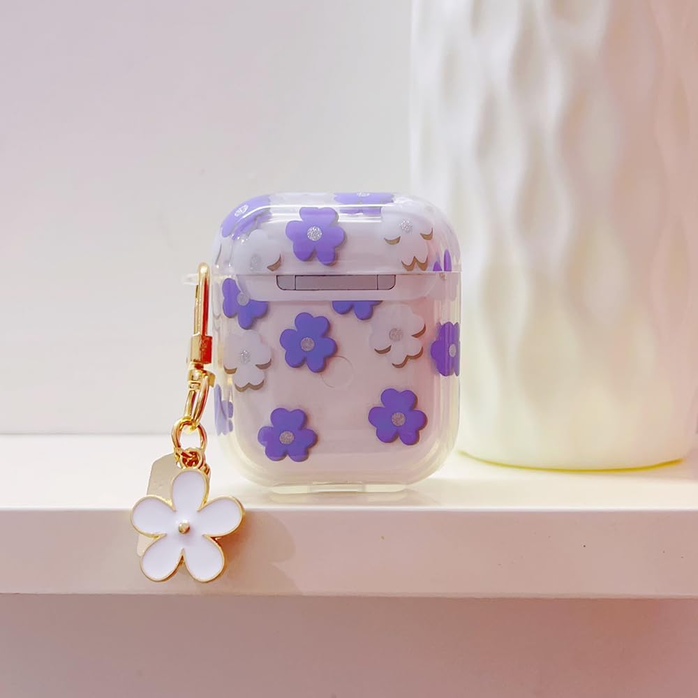 Funda para AirPods de 21 generación con llavero, bonita funda protectora para auriculares con flores moradas y flores, TPU suave y transparente para
