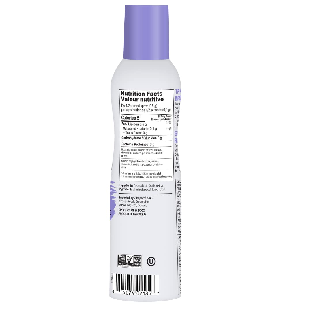 Chosen Foods Spray de aceite de aguacate infundido sabor ajo, sin OMG, 4.7 onzas (paquete de 6)