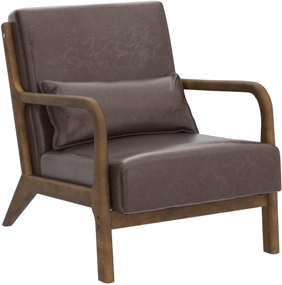 glitzhome 30.75 “H Mid Century Coffee Accent Sillón, Sillón de lectura individual Silla de salón de cuero PU con marco de madera de caucho nogal