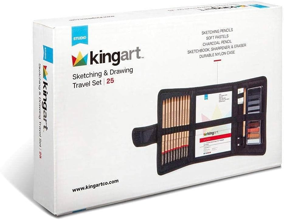 KINGART 140 DIBUJOS Y DIBUJOS 25 uds. Juego de viaje, lápices y pasteles de grafito y carbón y suministros adicionales, kit de dibujo artístico para