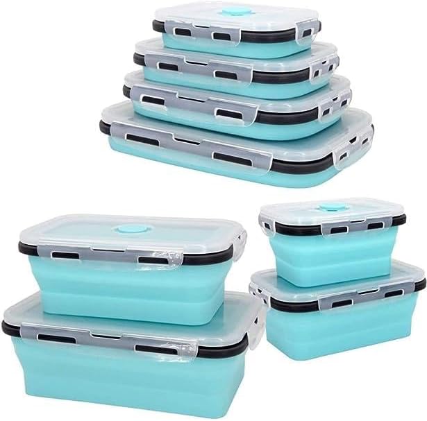 Contenedores de plástico para almacenamiento de alimentos con tapas, 4 piezas de silicona plegables con tapas para camping, recipientes de almuerzo