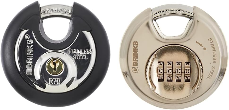BRINKS – Candado de disco con llave de acero inoxidable comercial de 2.756 in – Cuerpo de acero inoxidable con grillete de acero inoxidable y
