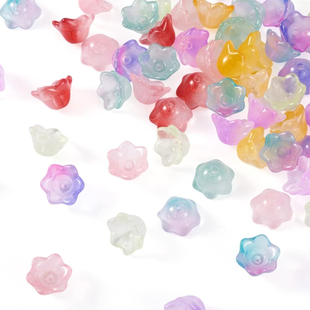 Beadthoven – 80 tapas de cuentas de cristal de 8 colores con diseño de flores, mini trompeta colorida transparente, cuentas de cristal, espaciadores