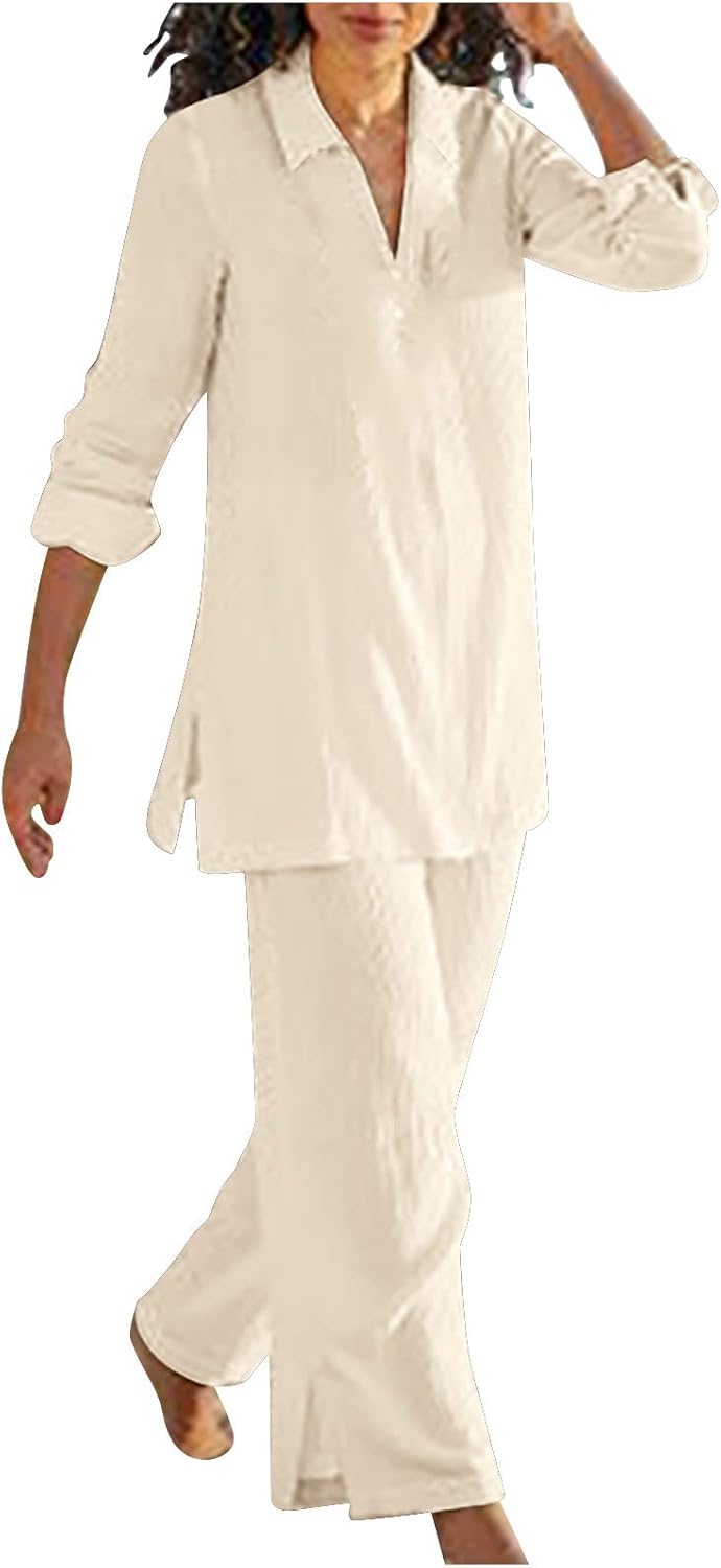 Conjunto de dos piezas para mujer, talla grande, pantalones largos, con solapa sólida, manga larga, con botones, camisas y pantalones largos
