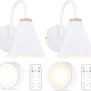 Juego de dos apliques de pared de madera sintética blanca a pilas, fácil de instalar, sin cables, control remoto, temporizador automático, bombilla Juego de dos apliques de pared de madera sintética blanca a pilas, fácil de instalar, sin cables, control remoto, temporizador automático, bombilla