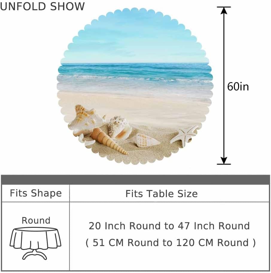 AOYEGO Mantel redondo de 60 pulgadas con diseño de concha de playa tropical oceánica, estrella de mar, cielo arena, mantel de poliéster para