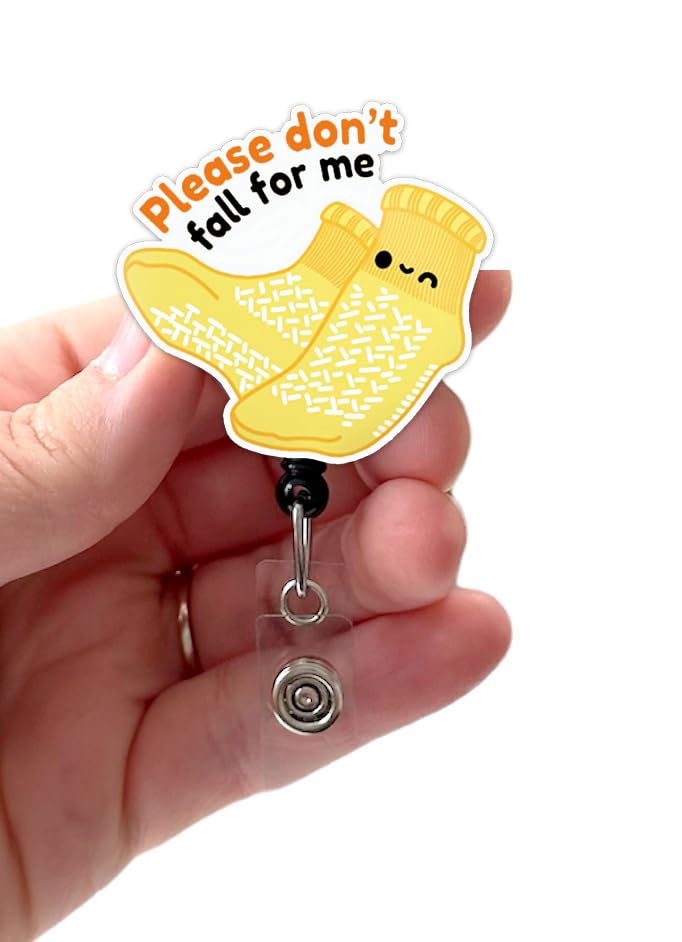 Badge Reel, Don’t Fall For Me Grippy Socks, Acrylic, ER Nurse, Retractable Badge Reel With Swivel Clip and Extra-Long 34 inch cord – Badge Holder