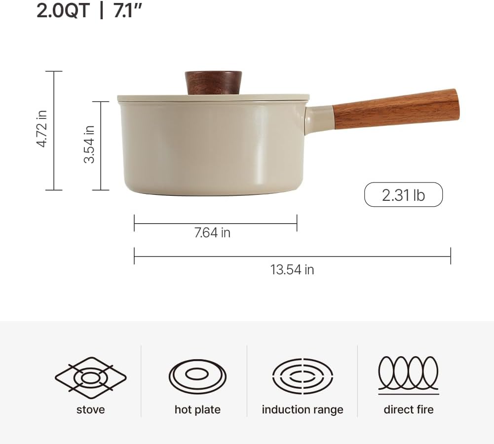dogado Sartén orgánica y olla con mango de madera, utensilios de cocina de cerámica antiadherentes, sartén multiusos, beige arena (cacerola)
