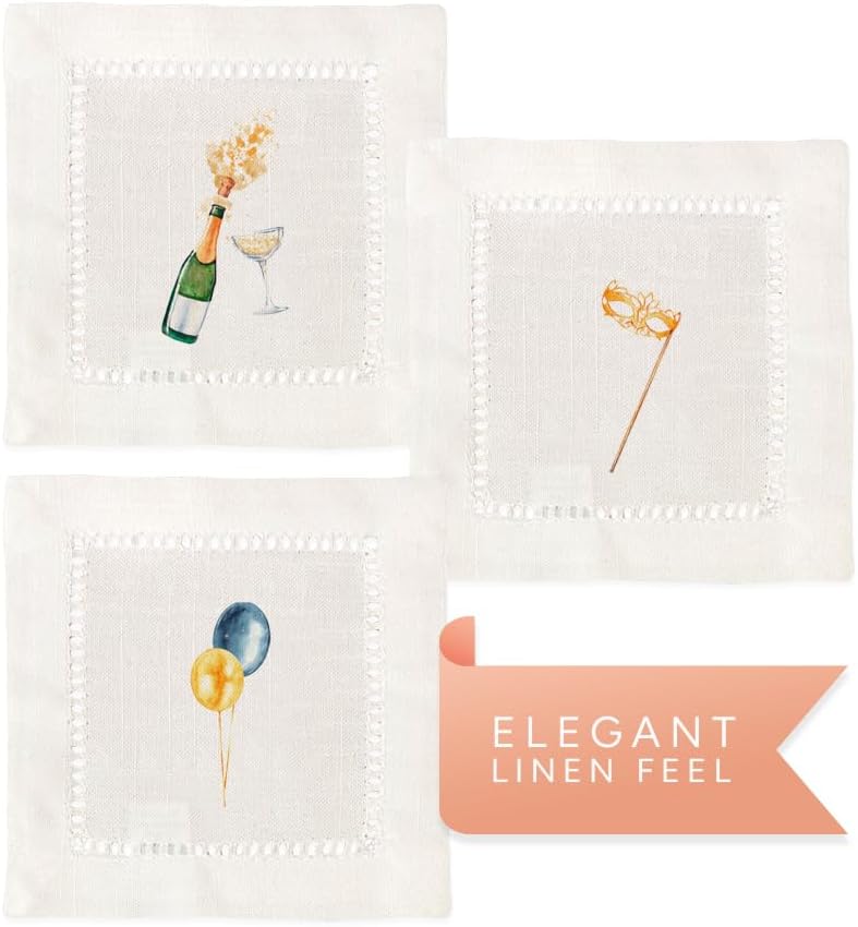 Jolitee Juego de 6 elegantes servilletas de cóctel de lino, con vainica, lavables a máquina, perfectas para Nochevieja, Navidad y reuniones