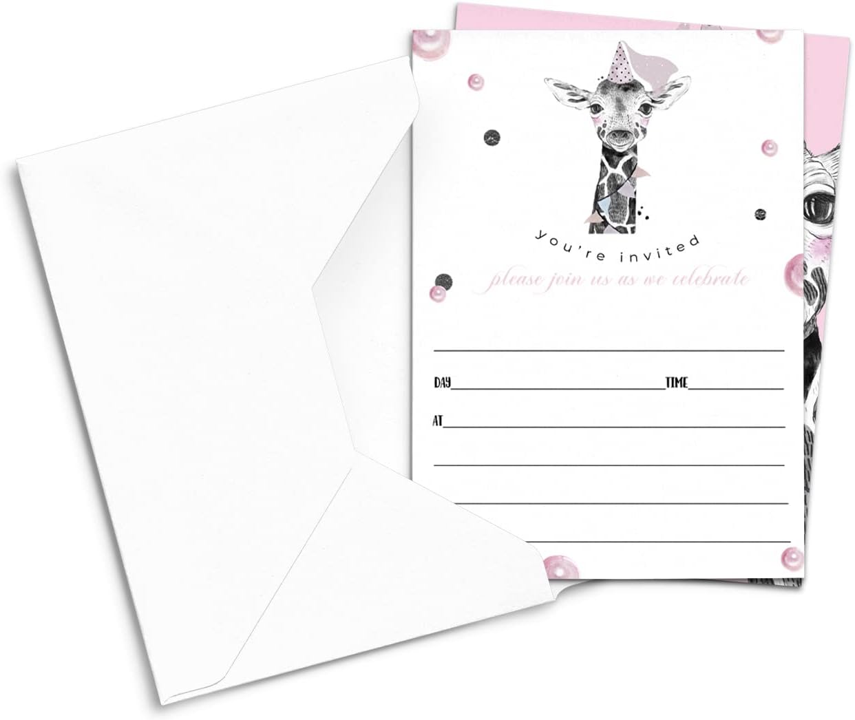 Invitación de fiesta de jirafa rosa para niñas (paquete de 25) invitaciones de cumpleaños en blanco con sobres para niños, baby shower, espolvorear
