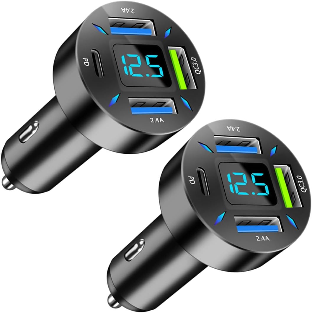 Cargador de coche USB de 4 puertos, carga súper rápida de 66 W con QC 3.0, PD 20 W y adaptador de cargador USB 2.4A, carga rápida con voltímetro