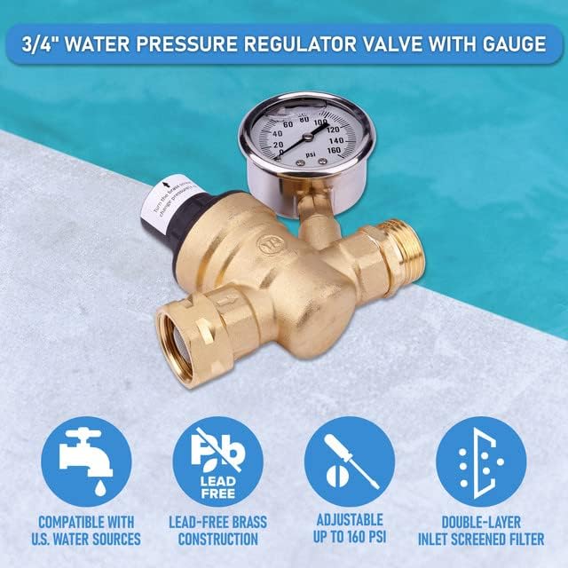 Regulador de presión de agua para autocaravana con medidor ajustable de manguera de agua de 34 pulgadas, regulador de presión de agua para caravana