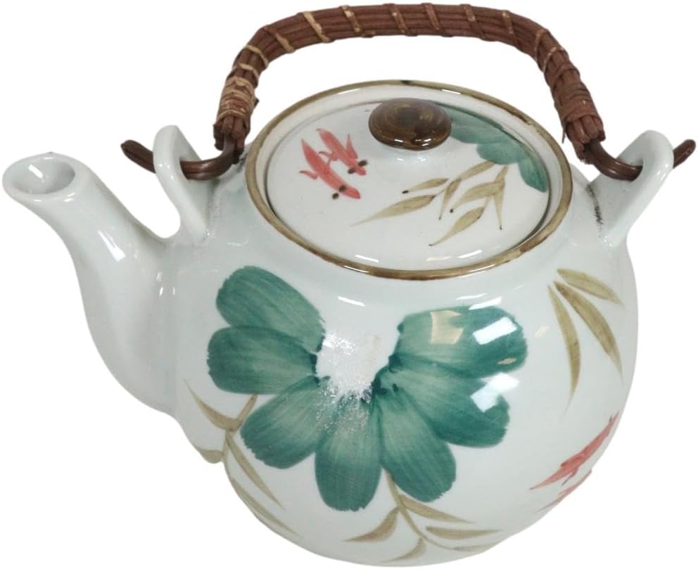 Ebros Feng Shui Yin Yang – Par de peces koi japoneses en lirio estanque de cerámica, 38 onzas con mango de bambú, decoración del hogar, tetera