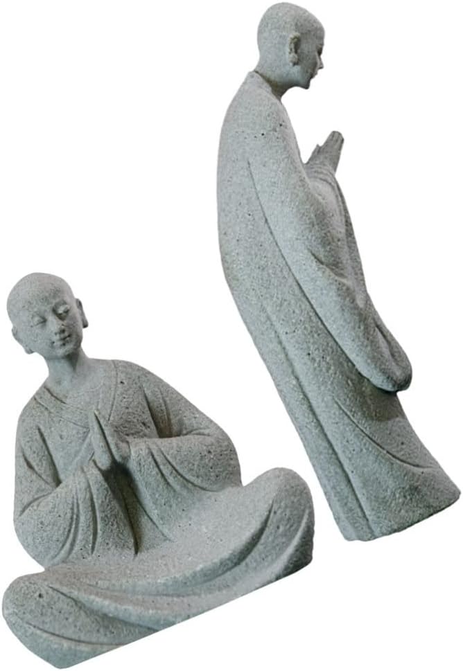 Happyyami Bonsái – 2 figuras de monje de piedra, estatuas de Buda zen, esculturas de monje de pie para paisaje al aire libre, decoración de jardín,