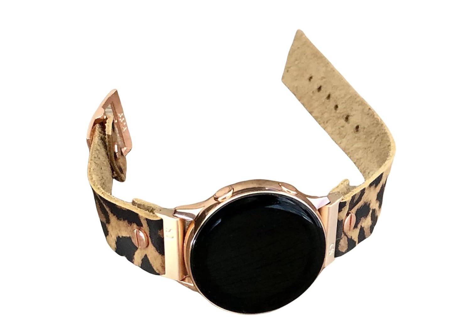Leopard Print Genuine Leather Band for Samsung Galaxy Watch 42mm Adjustable Size Strap Bracelet Smartwatch Rose Gold Metal Jewelry Wristband