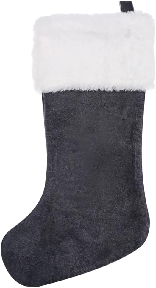 Calcetines de Navidad con iniciales de 20 pulgadas, terciopelo rojo y gris con puños de felpa súper suaves, monograma bordado, calcetín de Navidad
