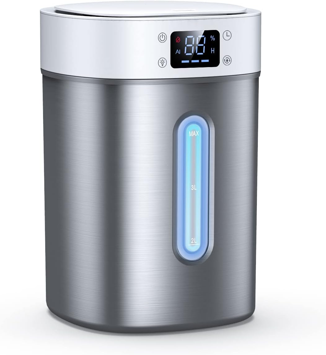 Humidificador ultrasónico de niebla fría de 4 litros con tanque de acero inoxidable 304, control automático de humedad, luz nocturna y temporizador,