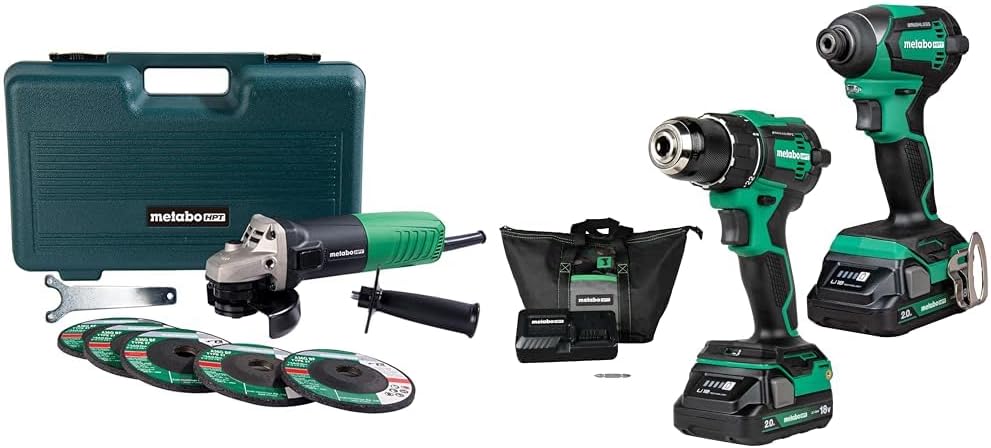 Paquete de amoladora angular Metabo HPT de 4-12 pulgadas G12SR4 + Metabo HPT 18V MultiVolt inalámbrico sin escobillas taladro y destornillador de