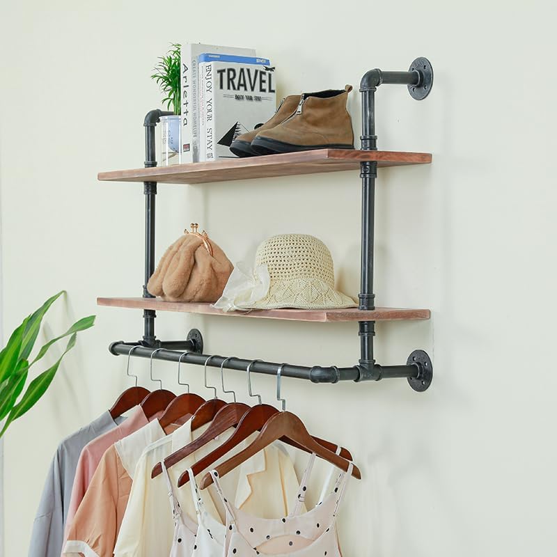 2 niveles, 40 x 12 pulgadas, negro y marrón, perchero de pared con estantes, barra industrial para colgar ropa, ahorro de espacio, fácil montaje,