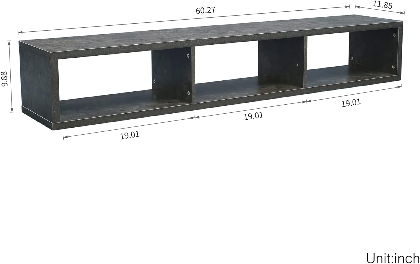 Soporte flotante de TV de 60 pulgadas para montar en la pared con 3 compartimentos abiertos, centro de entretenimiento colgante para sala de estar,