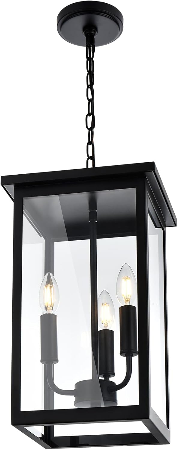 QueeuQ Lámpara colgante de 3 luces para interiores, lámpara negra para exteriores, lámpara colgante exterior con pantalla de vidrio transparente,