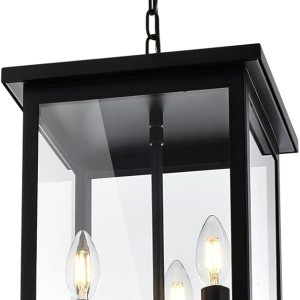 QueeuQ Lámpara colgante de 3 luces para interiores, lámpara negra para exteriores, lámpara colgante exterior con pantalla de vidrio transparente, QueeuQ Lámpara colgante de 3 luces para interiores, lámpara negra para exteriores, lámpara colgante exterior con pantalla de vidrio transparente,