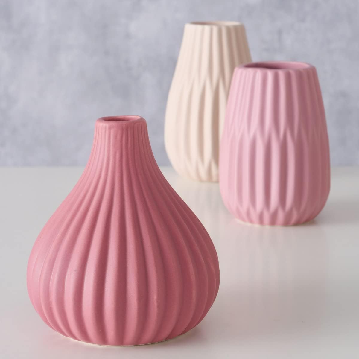 Iconic Scandi – Jarrones para bebé, juego de 3, pantuflas de ballet empapadas de color y rosa rosa, beige, esmalte mate, estriado, gres, 4.25