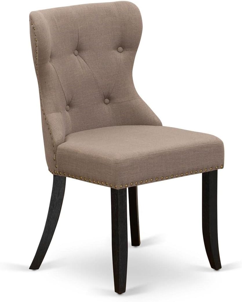 East West Furniture SIP6T48 Sion Parson – Juego de 2 sillas acolchadas de tela de lino café con botones y ribete de clavos, color negro cepillado