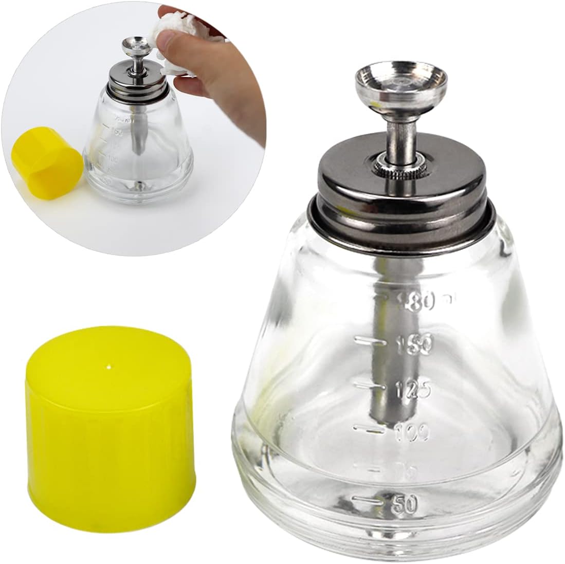 Botella de vidrio transparente de 6.1 fl oz, dispensador profesional de bomba de vidrio transparente con escalas de medición, para removedor de