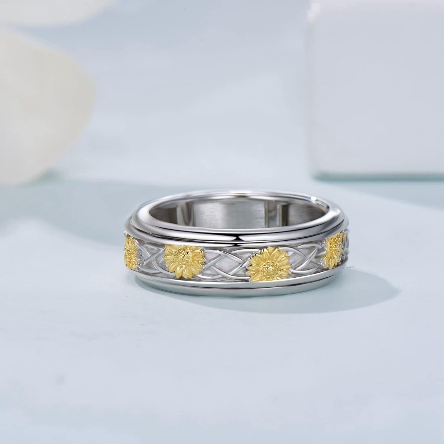 Anillo giratorio de plata de ley 925 con girasol, anillos giratorios para aliviar el estrés, joyería de regalo para mujeres y niñas