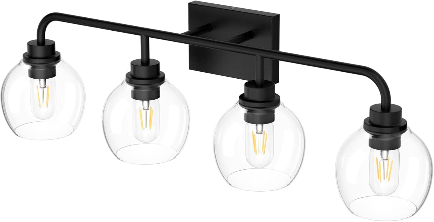 Tipace Lámparas industriales para tocador de baño, 4 luces, acabado negro vintage con globo de vidrio transparente, iluminación de baño de granja