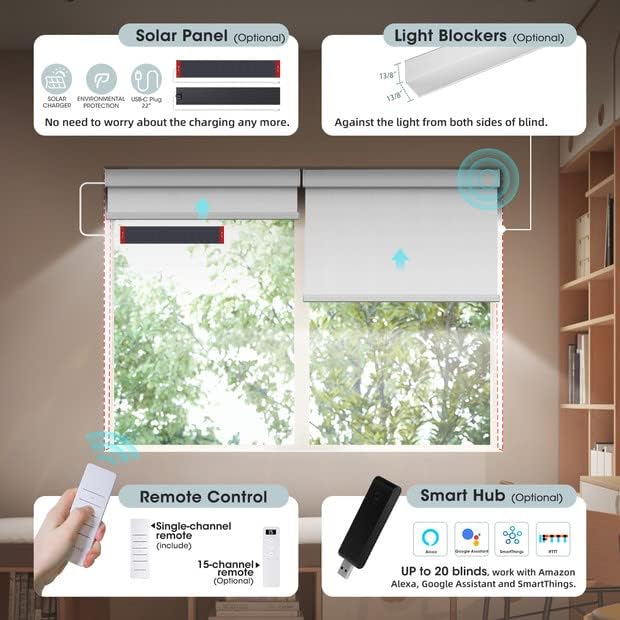 Canisteo Persianas enrollables motorizadas para ventanas con control remoto, persianas inteligentes 100% opacas, motor recargable inalámbrico para