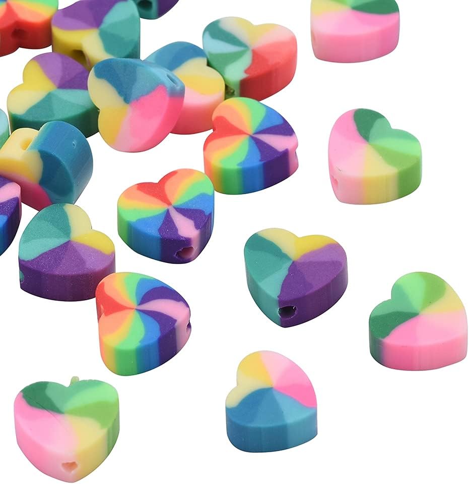 KitBeads 100 cuentas de corazón de polímero de arcilla arco iris en forma de corazón, cuentas espaciadoras de corazón de amor de arcilla para