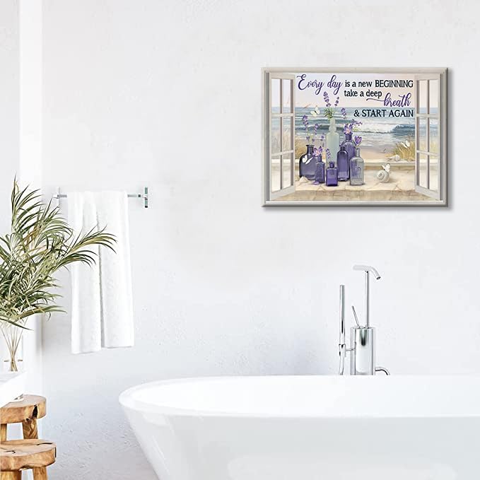 Decoración de pared de flores de lavanda de granja, arte de pared rústico, mariposa, morado, ventana, playa, cuadros para decoración de pared,