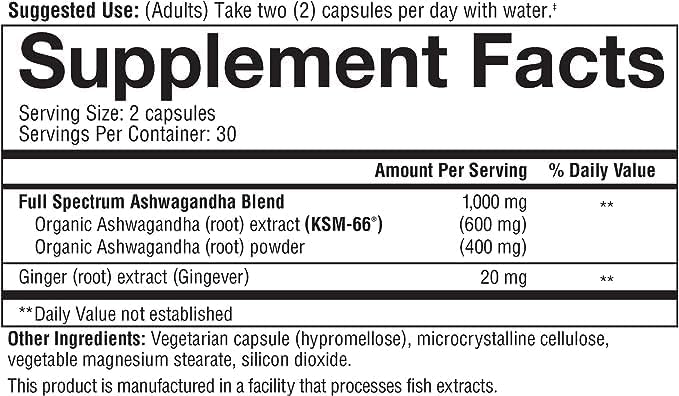 Youtheory Ashwagandha 1000mg con KSM-66 – Ayuda a apoyar una respuesta saludable al estrés, 180 cápsulas (paquete de 1)