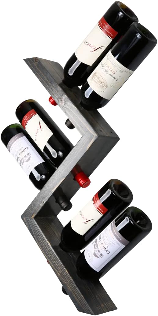 Charmont Estante de madera para vino montado en la pared, soporte rústico de vino en zigzag – Soporte para botellas de vino para bar, almacenamiento