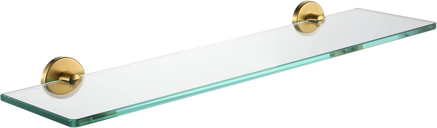 JQK Estante de vidrio para baño dorado, almacenamiento de ducha de vidrio templado de 20 por 5 pulgadas, montaje de pared dorado cepillado de acero