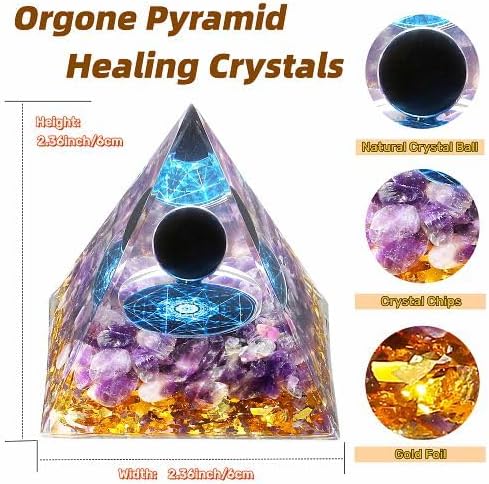YATOJUZI Cristales de pirámide de orgón de 2.4 pulgadas, obsidiana, amatista, chakra, reiki, piedras preciosas de orgonita para energía positiva,