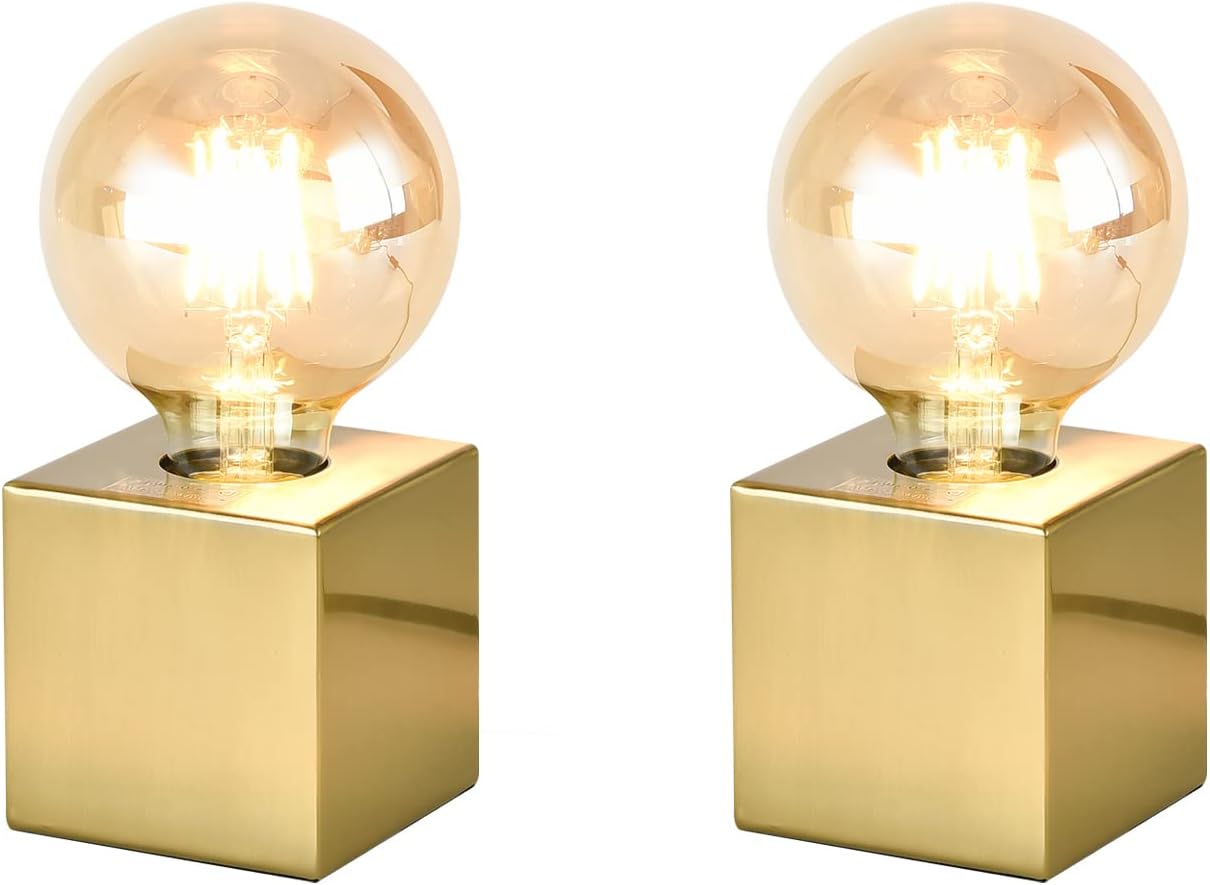 KUNJOULAM Mini base de lámpara de mesa industrial, luz dorada para mesita de noche, moderna lámpara de acento pequeña, acabado de latón, bombilla