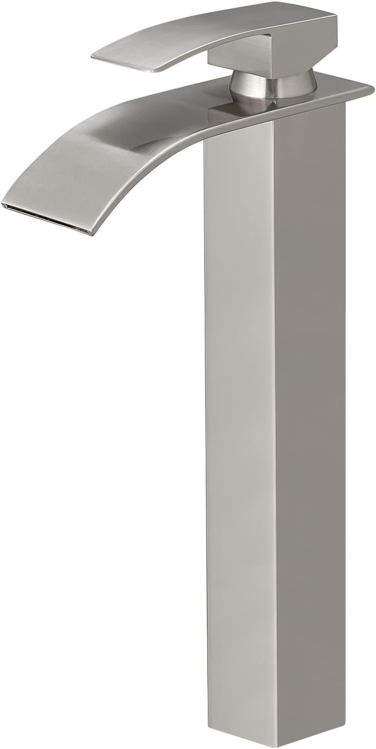 BESy grifo de baño de cascada de níquel cepillado, de una sola llave alta, grifo de lavabo de baño con placa de cubierta, latón macizoníquel